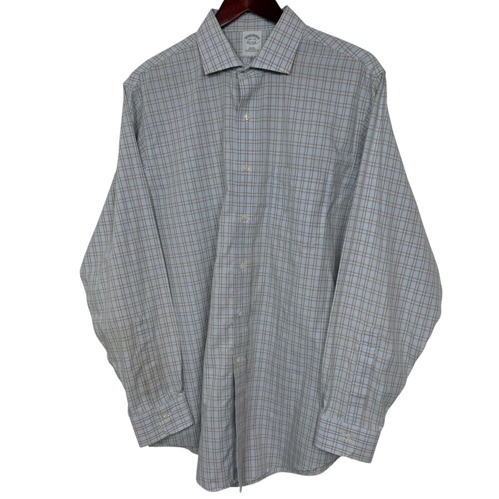 Brooks Brothers Slim Fit Non-Iron Supima Cotton Shirt Blue Tan Check 16.5-35